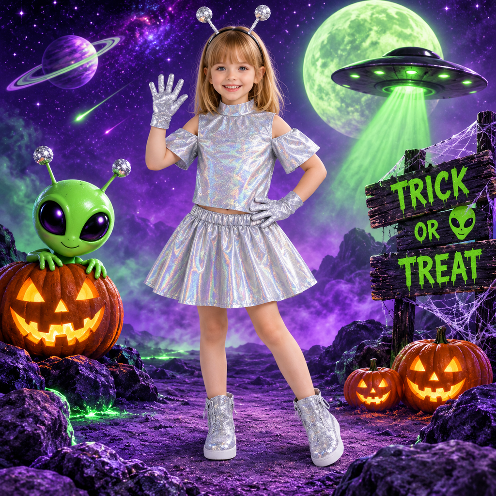 RESTOCKED! Girls Alien Costume, Toddler Alien Costume, Silver Holographic Halloween Costume, 4 Piece Extraterrestrial Dress Up Set, Toddler (Copy)