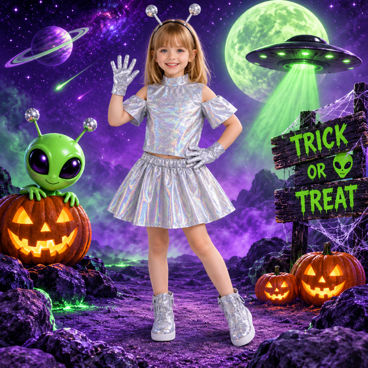 RESTOCKED! Girls Alien Costume, Toddler Alien Costume, Silver Holographic Halloween Costume, 4 Piece Extraterrestrial Dress Up Set, Toddler (Copy)