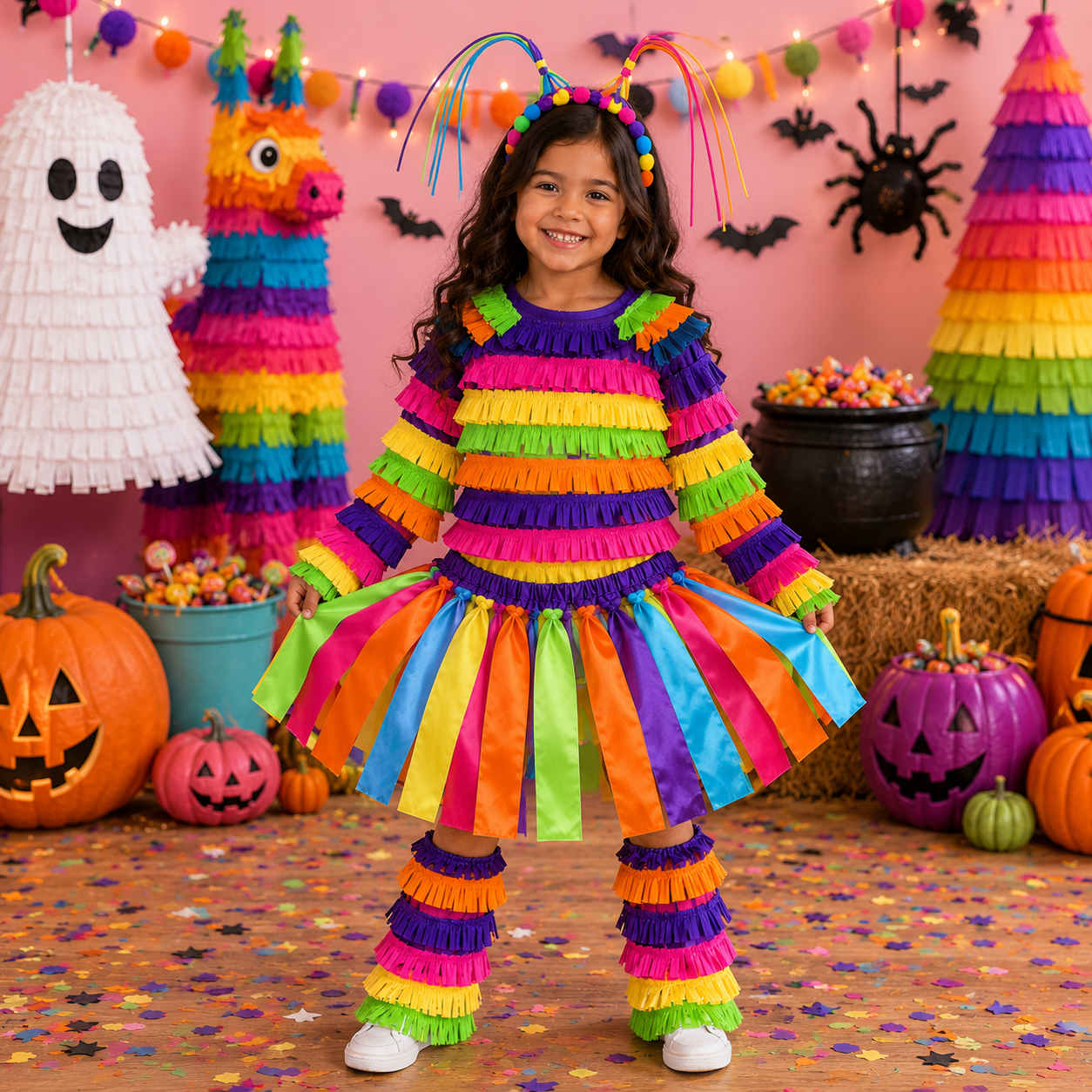 Girls Rainbow Piñata Halloween Costume, Toddler & Tween 4-Piece Costume Set, Long Sleeve Top, Skirt, Leg Warmers, Headband, Boutique Outfit