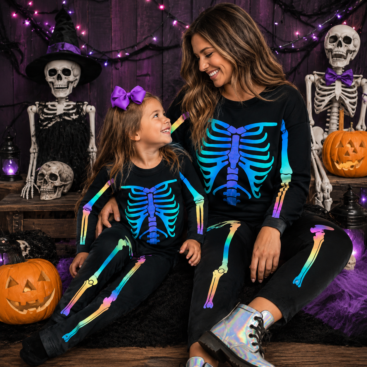 RESTOCKED! Girls/Toddler/Baby/Tween/Teen Holographic Skeleton Costume Set, Mom Sizes Available As Well! Mommy & Mini, Mommy And Me