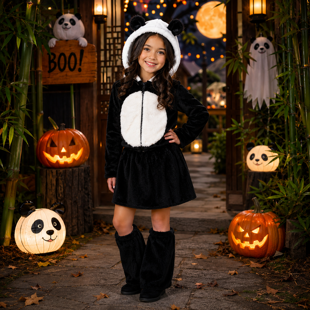 RESTOCKED! Girls/Toddler/Tween/Teen Panda Bear Costume - 3 Piece Set, Panda Zip Jacket, Faux Fur Skirt & Faux Fur Legwarmers, Kid, Dress Up