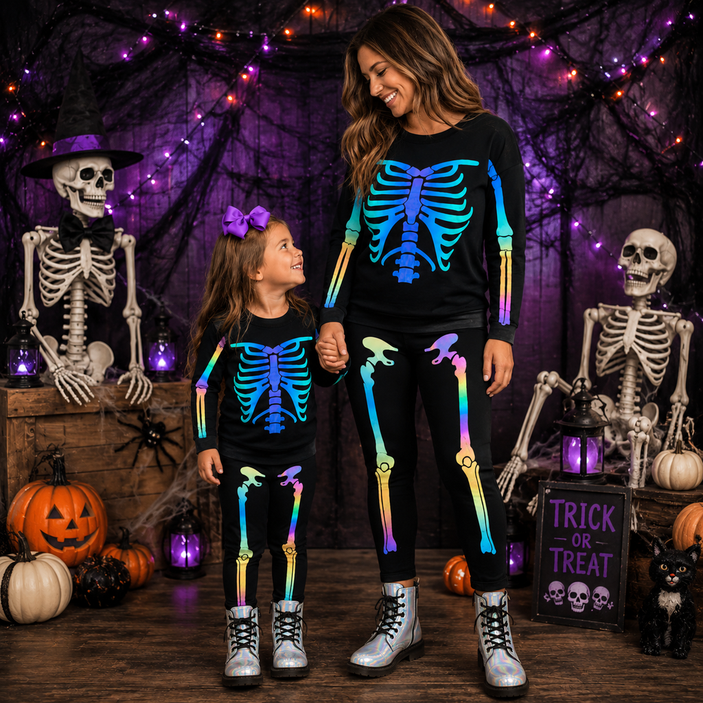 RESTOCKED! Girls/Toddler/Baby/Tween/Teen Holographic Skeleton Costume Set, Mom Sizes Available As Well! Mommy & Mini, Mommy And Me