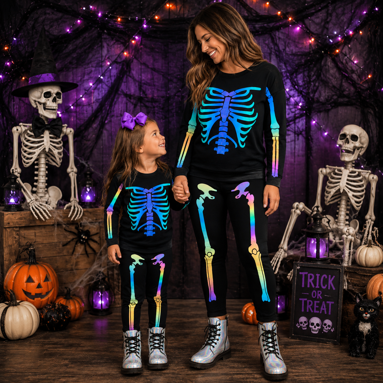 RESTOCKED! Girls/Toddler/Baby/Tween/Teen Holographic Skeleton Costume Set, Mom Sizes Available As Well! Mommy & Mini, Mommy And Me