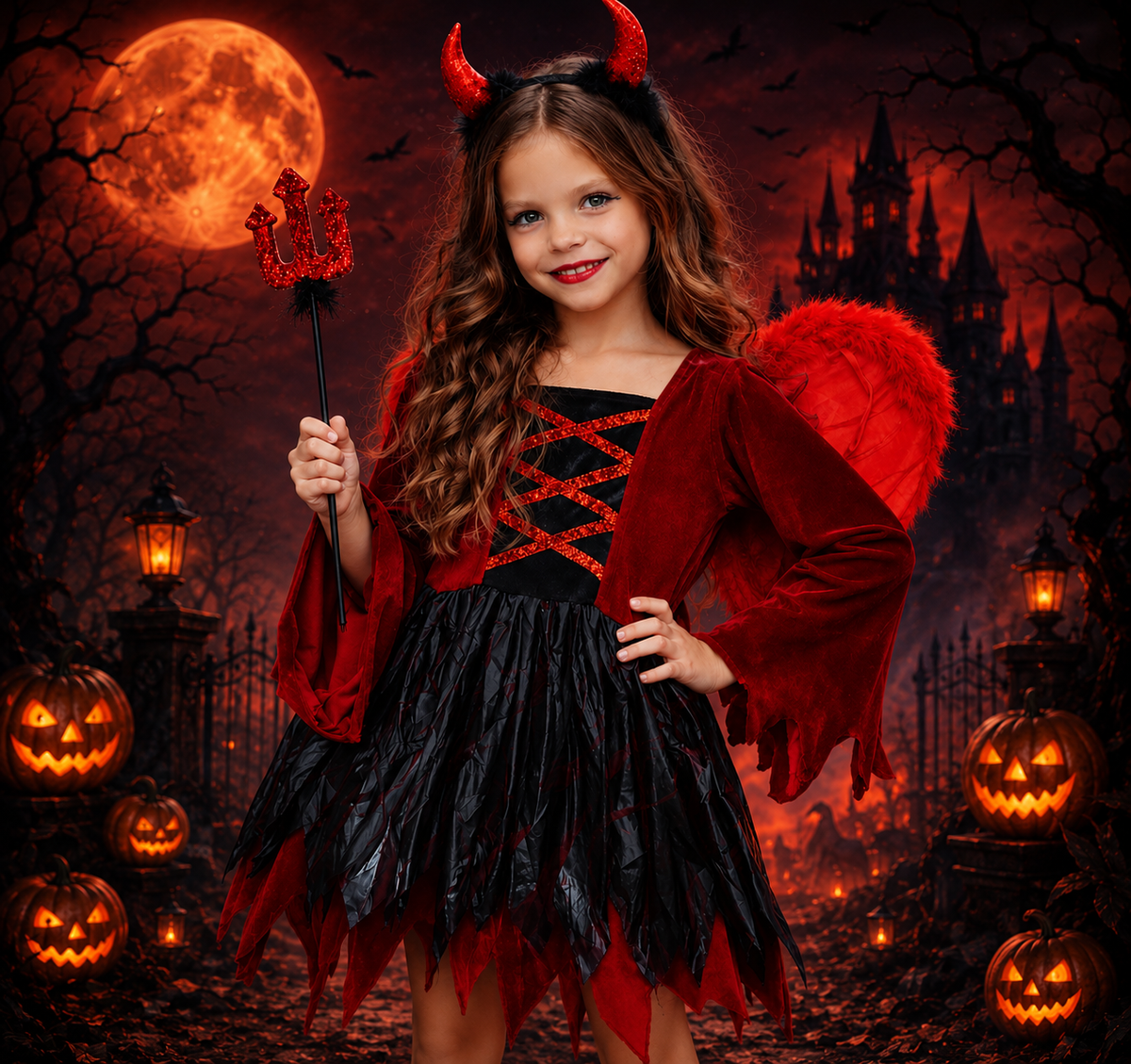 Girls Devil Costume Set – Red Black Dress, Wings, Pitchfork & Headband, Toddler to Tween Halloween Outfit, Cute Little Devil Costume