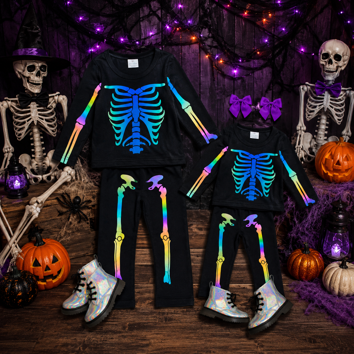RESTOCKED! Girls/Toddler/Baby/Tween/Teen Holographic Skeleton Costume Set, Mom Sizes Available As Well! Mommy & Mini, Mommy And Me