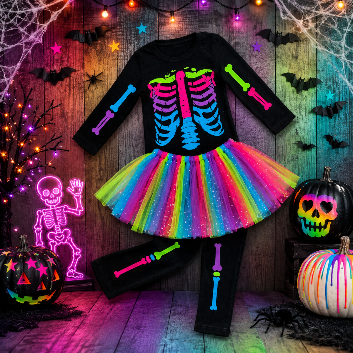 RESTOCKED! Girls/Toddler 3PC Skeleton Tutu Pant Costume Set, Top, Skirt & Leggings Complete Halloween Outfit, Kid, Girls Halloween Costume