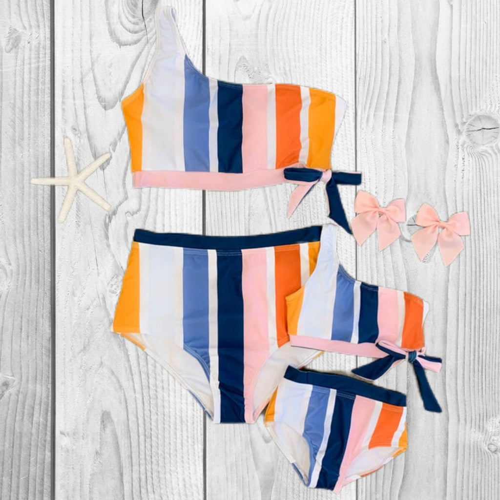 RESTOCKED! Mommy & Mini Striped One Shoulder Bikini, Matching Mother Daughter Swimsuits, 2 Piece Retro Vibes, Bathing Suits Boutique Mom Me