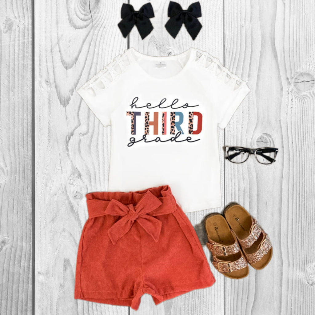 RESTOCKED! Girls/Toddler "Hello Pre-K - 6th Grade" Corduroy Short Set, 2T 3T 4T 5 6 7 8 10 12 14 16 18 Years, Back To School, 1st Day School