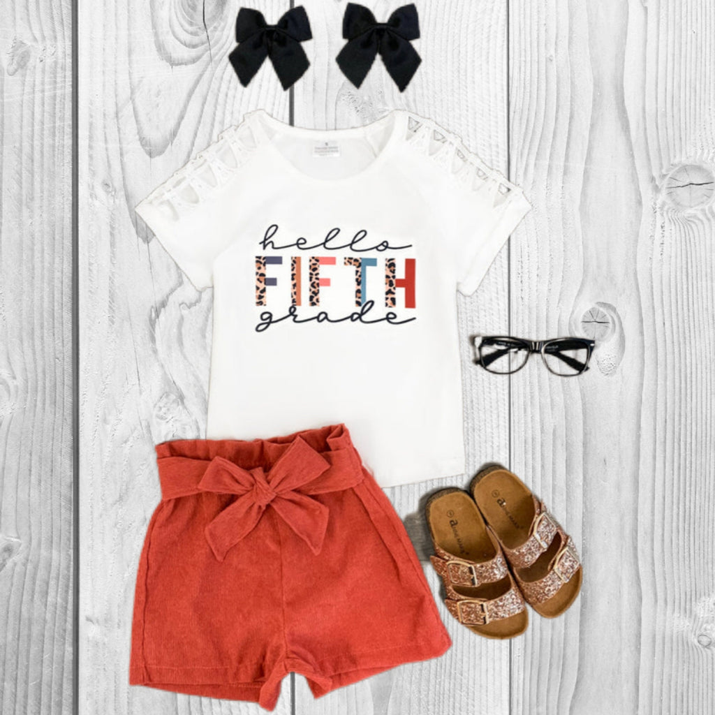 RESTOCKED! Girls/Toddler "Hello Pre-K - 6th Grade" Corduroy Short Set, 2T 3T 4T 5 6 7 8 10 12 14 16 18 Years, Back To School, 1st Day School