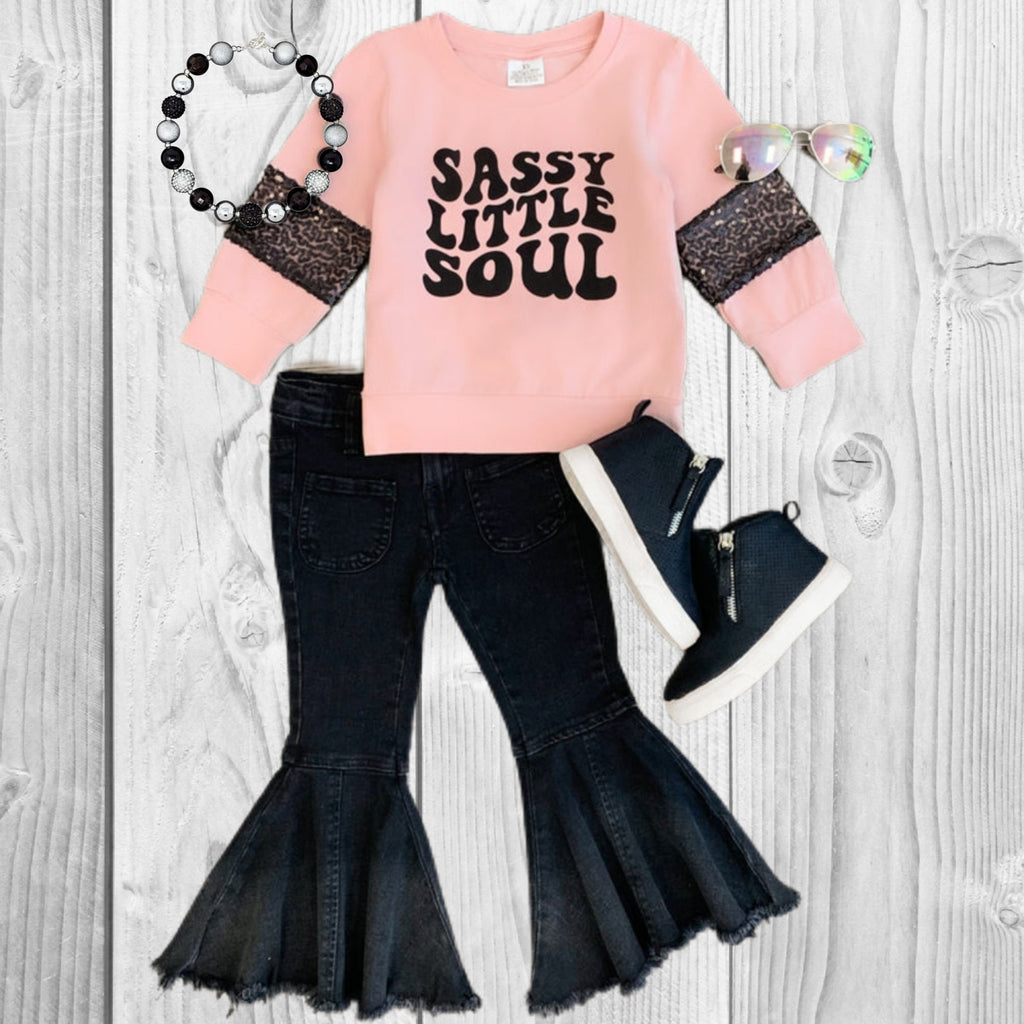 RESTOCKED! Girls/Toddler "Sassy Little Soul" Denim Bell Bottom Set