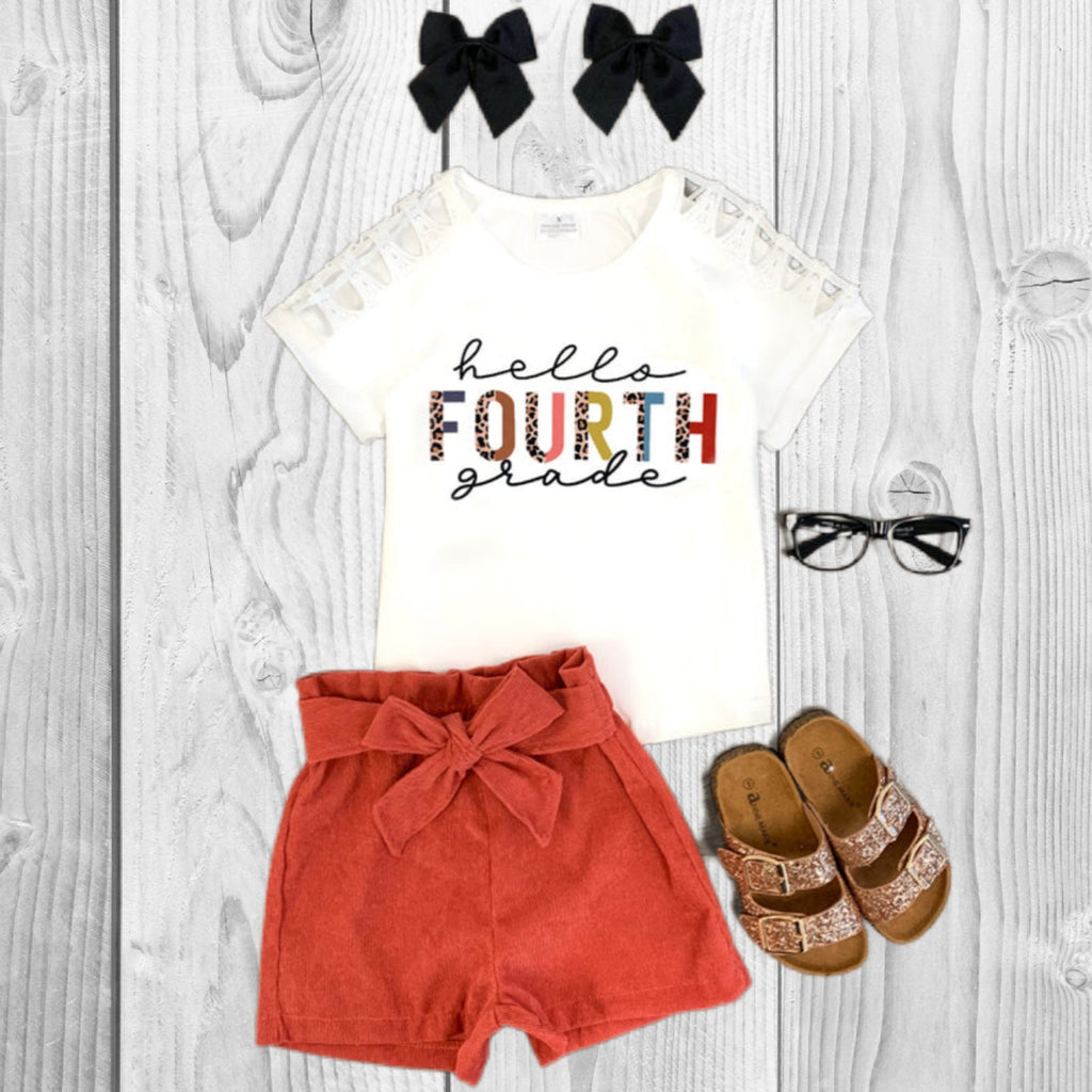 RESTOCKED! Girls/Toddler "Hello Pre-K - 6th Grade" Corduroy Short Set, 2T 3T 4T 5 6 7 8 10 12 14 16 18 Years, Back To School, 1st Day School
