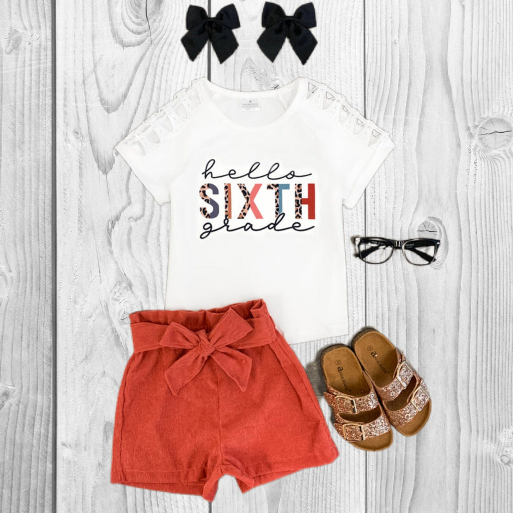 RESTOCKED! Girls/Toddler "Hello Pre-K - 6th Grade" Corduroy Short Set, 2T 3T 4T 5 6 7 8 10 12 14 16 18 Years, Back To School, 1st Day School