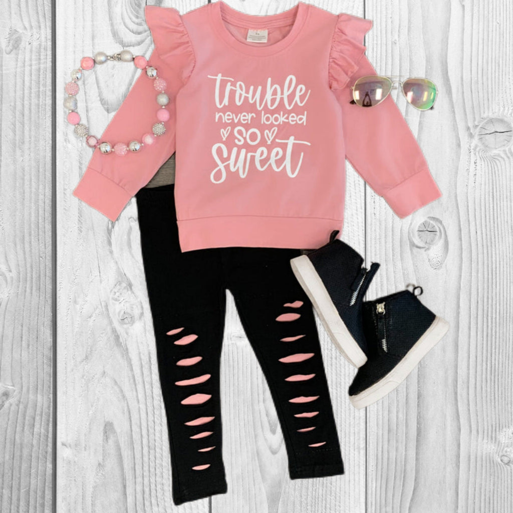 RESTOCKED! Girls/Toddler "Trouble Never Looked So Sweet" Legging Set, 12-18M 2T 3T 4T 5T 6T 7 8 10 12, Pink & Black Fall Ruffle Sleeve