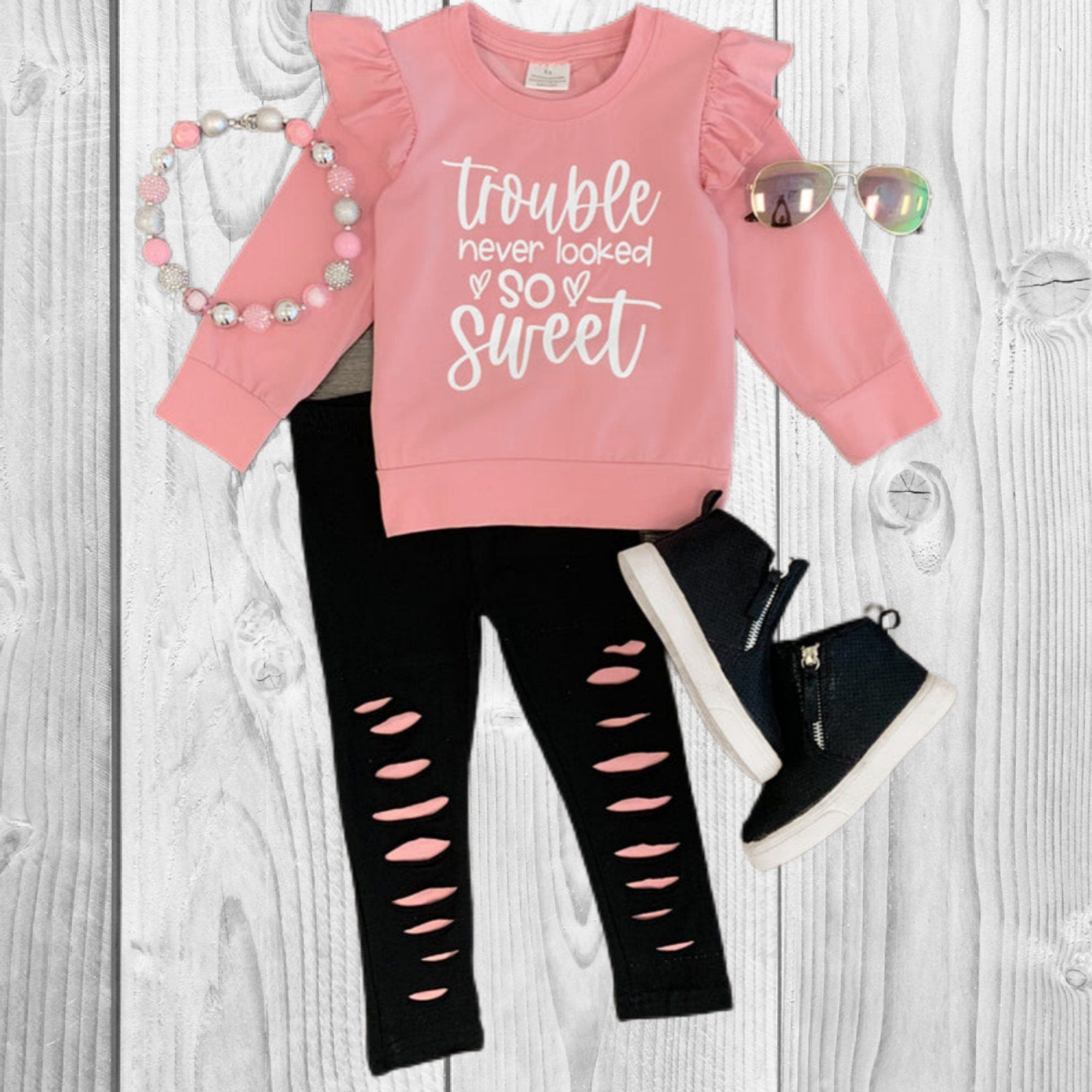 RESTOCKED! Girls/Toddler "Trouble Never Looked So Sweet" Legging Set, 12-18M 2T 3T 4T 5T 6T 7 8 10 12, Pink & Black Fall Ruffle Sleeve