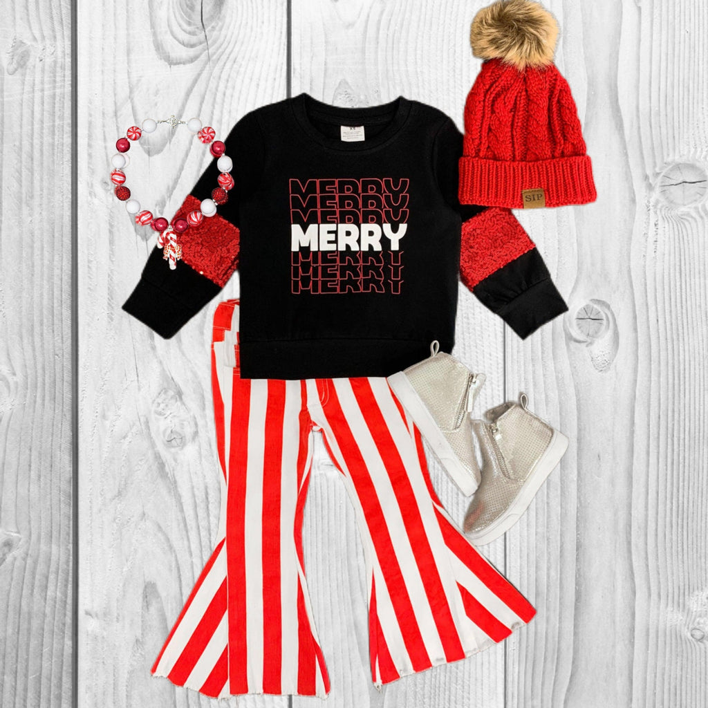 RESTOCKED Girls/Toddler "Merry" Stripe Denim Bell Bottom Set, 6-12 Months 12-18 Months 2T 3T 4T 5 6 7 8 10 12 14, Christmas Red Retro Outfit
