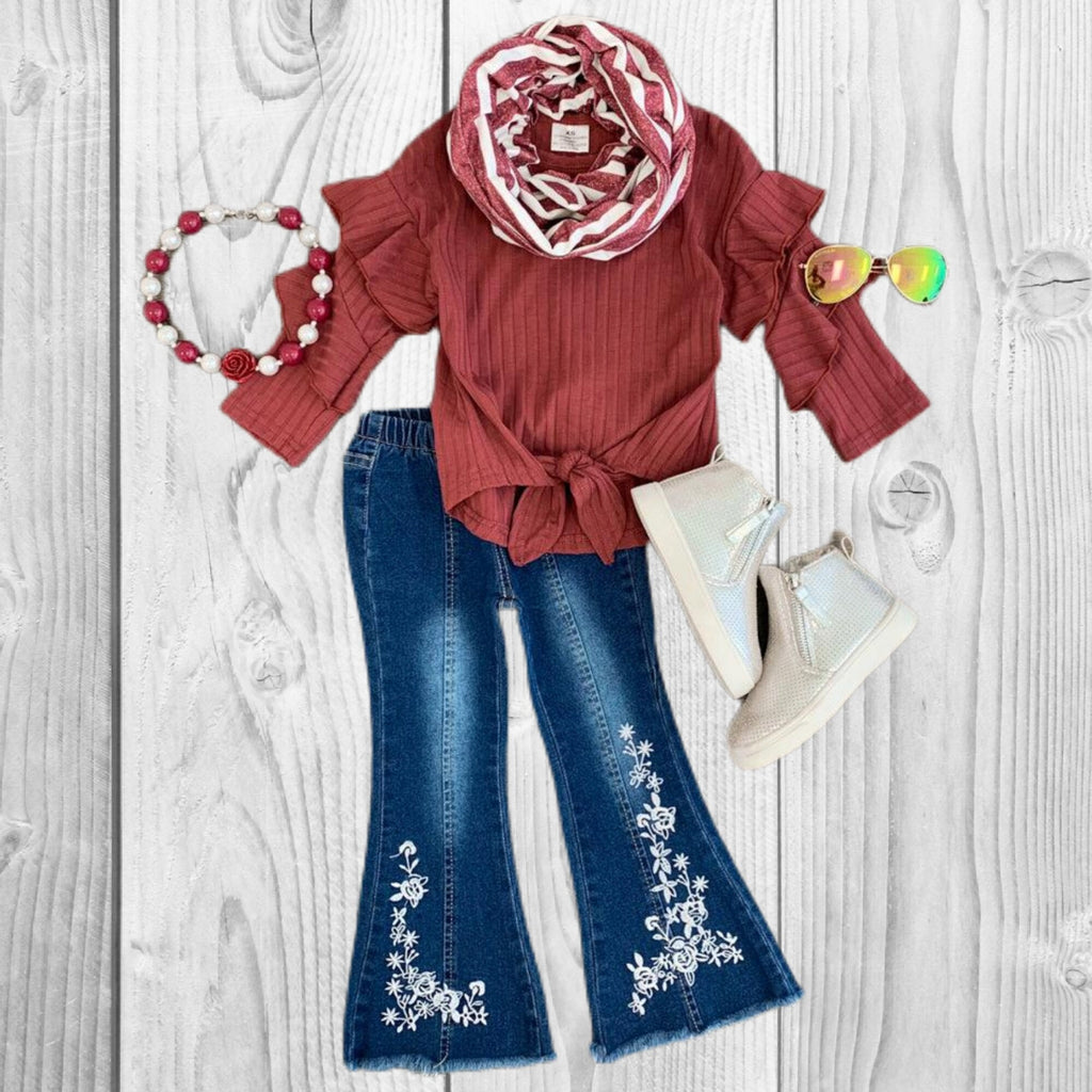 RESTOCKED! Girls/Toddler/Baby Scarf Denim Flare Set - Mustard Or Burgundy! 3 Piece Set, 6 12 18 Months 2T 3T 4T 5 6 7 8 10 12 14, Boutique