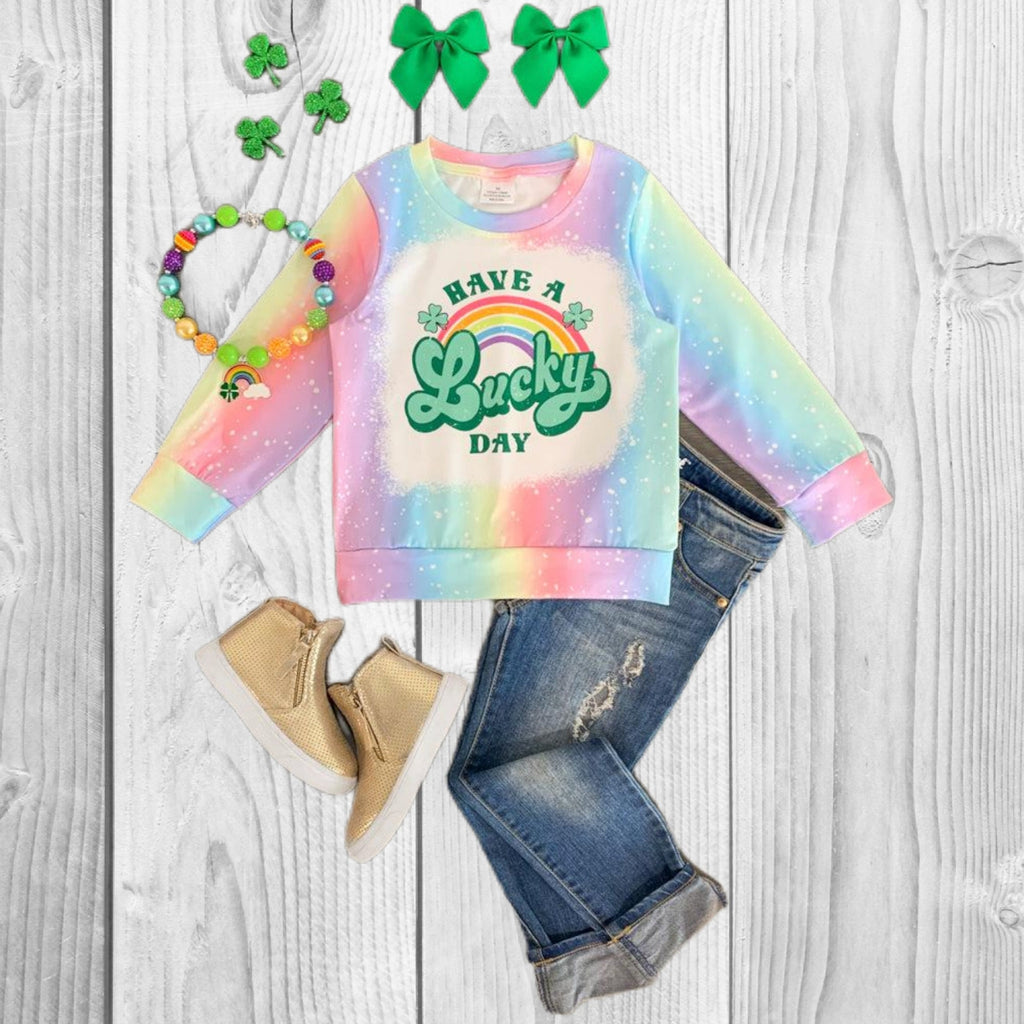 RESTOCKED! Girls/Toddler/Baby "Have A Lucky Day" Pastel Rainbow Top, 6-12 12-18 Months 2T 3T 4T 5 6 7 8 10 12 14, Boutique Shirt, St Paddy's