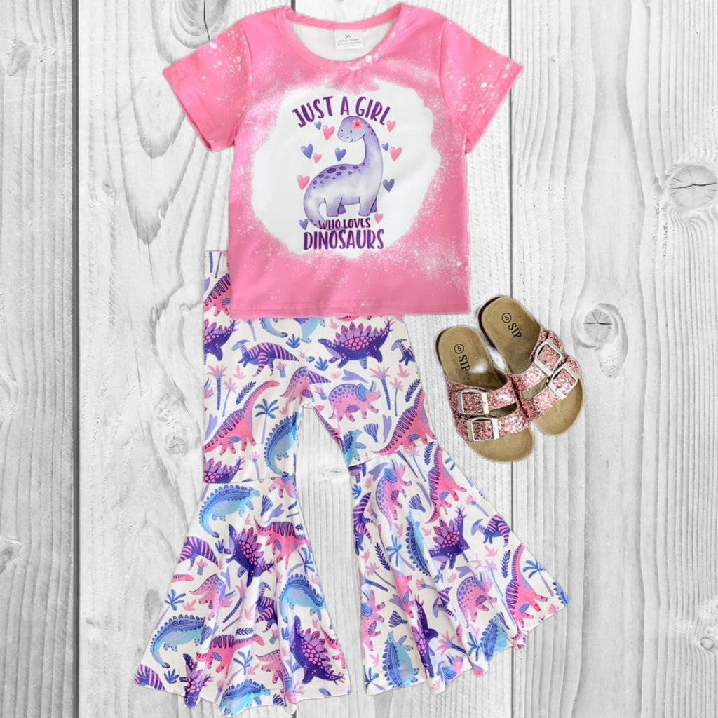 Girls/Toddler "Just A Girl Who Loves Dinosaurs" Bell Bottom Set, 12-18 Months 2T 3T 4T 5 6 7 8 10 12 Years, Outfit Pink Purple, Boutique