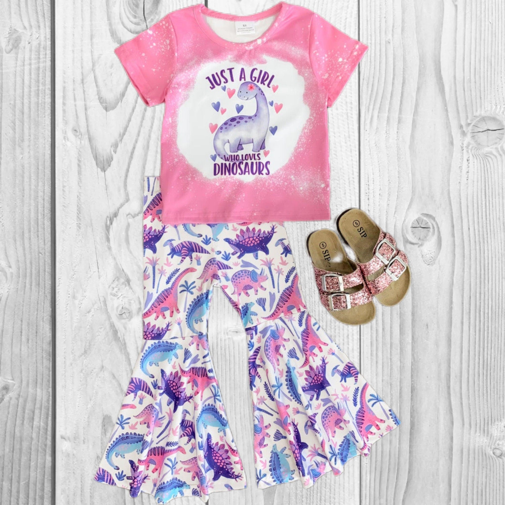 Girls/Toddler "Just A Girl Who Loves Dinosaurs" Bell Bottom Set, 12-18 Months 2T 3T 4T 5 6 7 8 10 12 Years, Outfit Pink Purple, Boutique