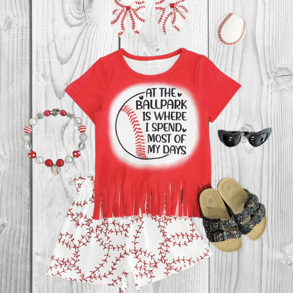 RESTOCKED! Girls/Toddler/Baby "At The Ballpark Is Where I Spend Most Of My Days" Baseball Short Set, 6M 12M 18M 2T 3T 4T 5 6 7 8 10 12 14 16