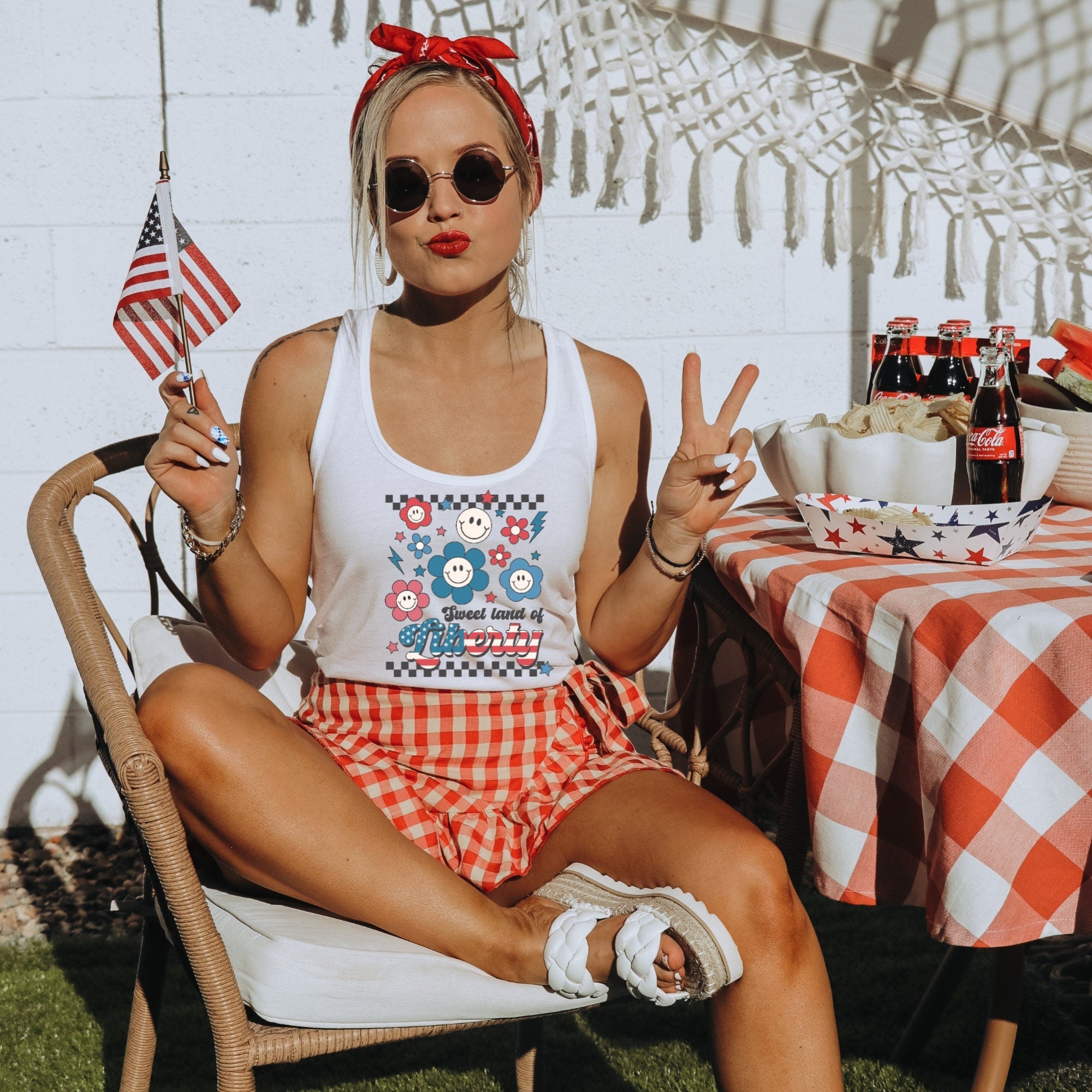 Retro "Sweet Land Of Liberty" Women's Ideal Racerback Tank, American Tank, Red White & Blue, 4th Of July, Patriotic, Memorial Day, Groovy