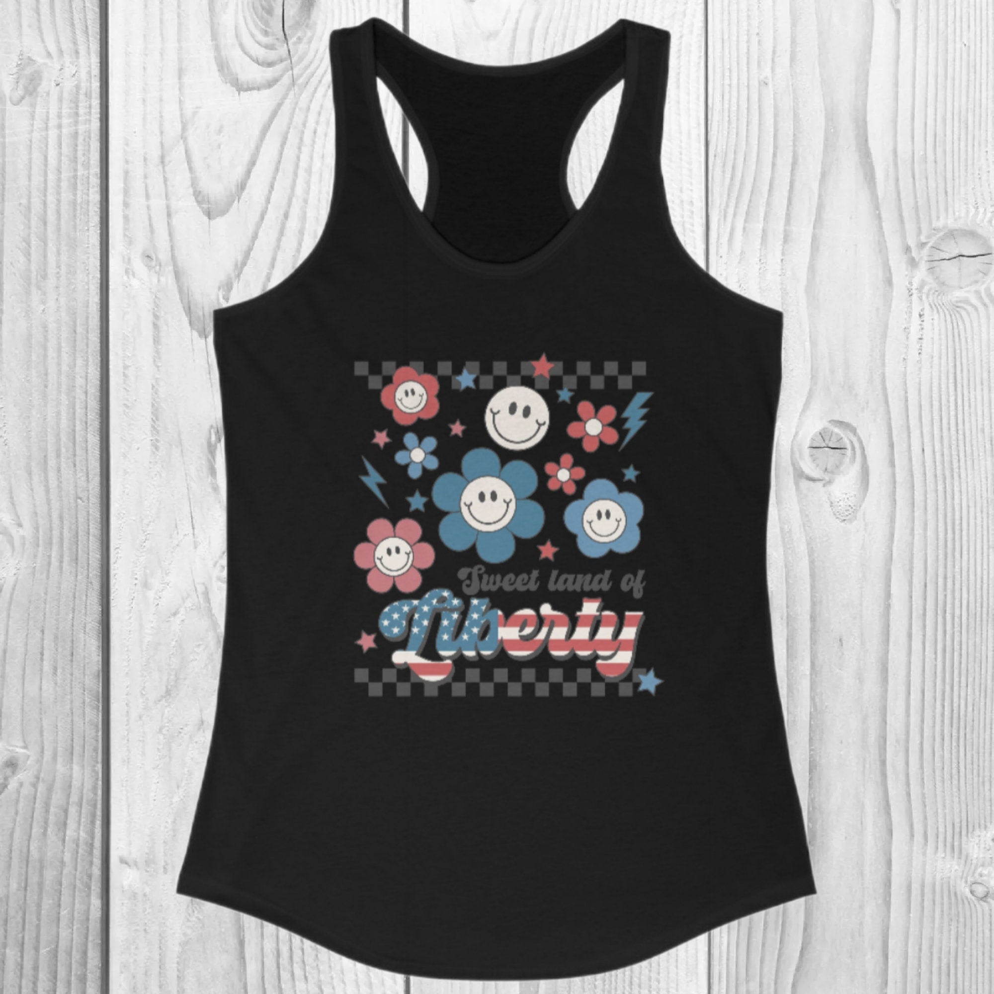 Retro "Sweet Land Of Liberty" Women's Ideal Racerback Tank, American Tank, Red White & Blue, 4th Of July, Patriotic, Memorial Day, Groovy