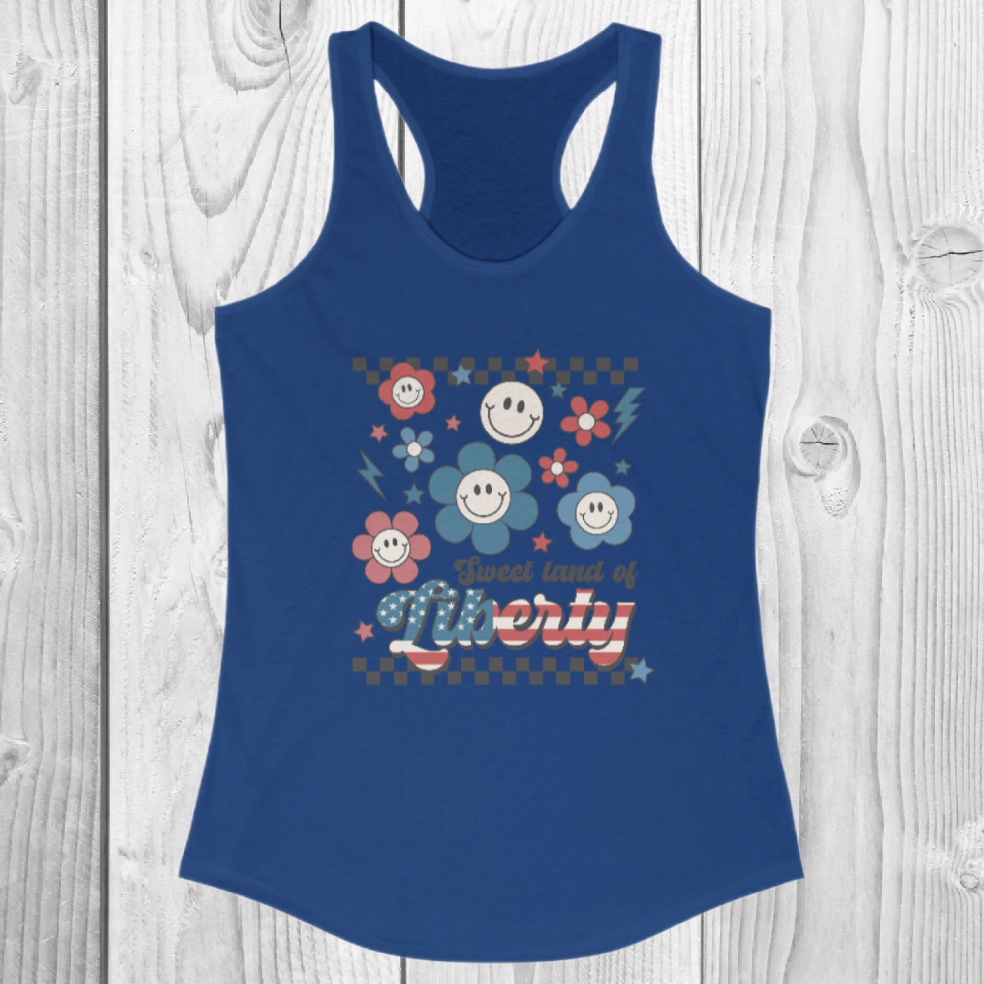 Retro "Sweet Land Of Liberty" Women's Ideal Racerback Tank, American Tank, Red White & Blue, 4th Of July, Patriotic, Memorial Day, Groovy
