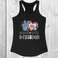 Women's "Peace Love & Freedom" Racerback Tank Top, Patriotic, Retro, Fourth Of July, 4th Of July Shirt, USA, Independence Day T-Shirt