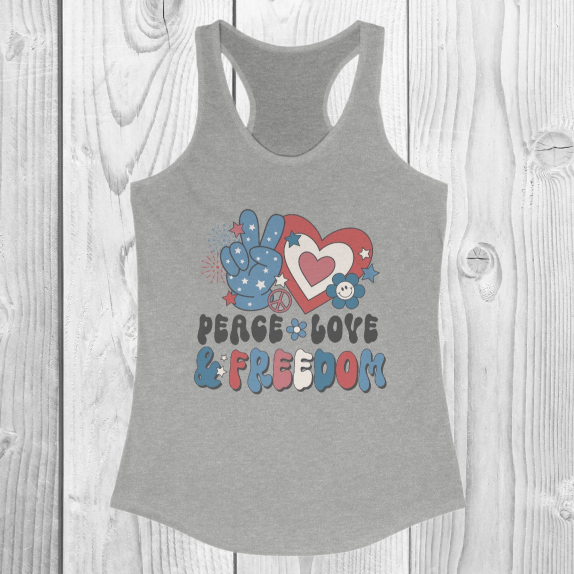 Women's "Peace Love & Freedom" Racerback Tank Top, Patriotic, Retro, Fourth Of July, 4th Of July Shirt, USA, Independence Day T-Shirt