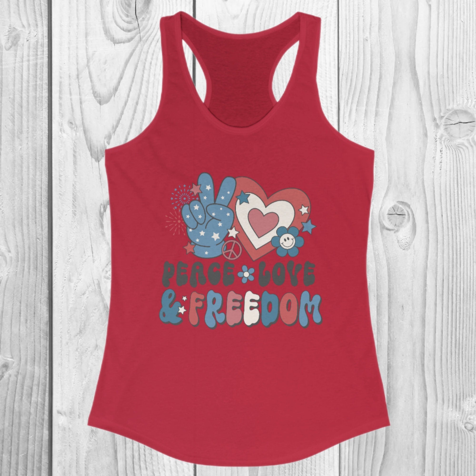 Women's "Peace Love & Freedom" Racerback Tank Top, Patriotic, Retro, Fourth Of July, 4th Of July Shirt, USA, Independence Day T-Shirt