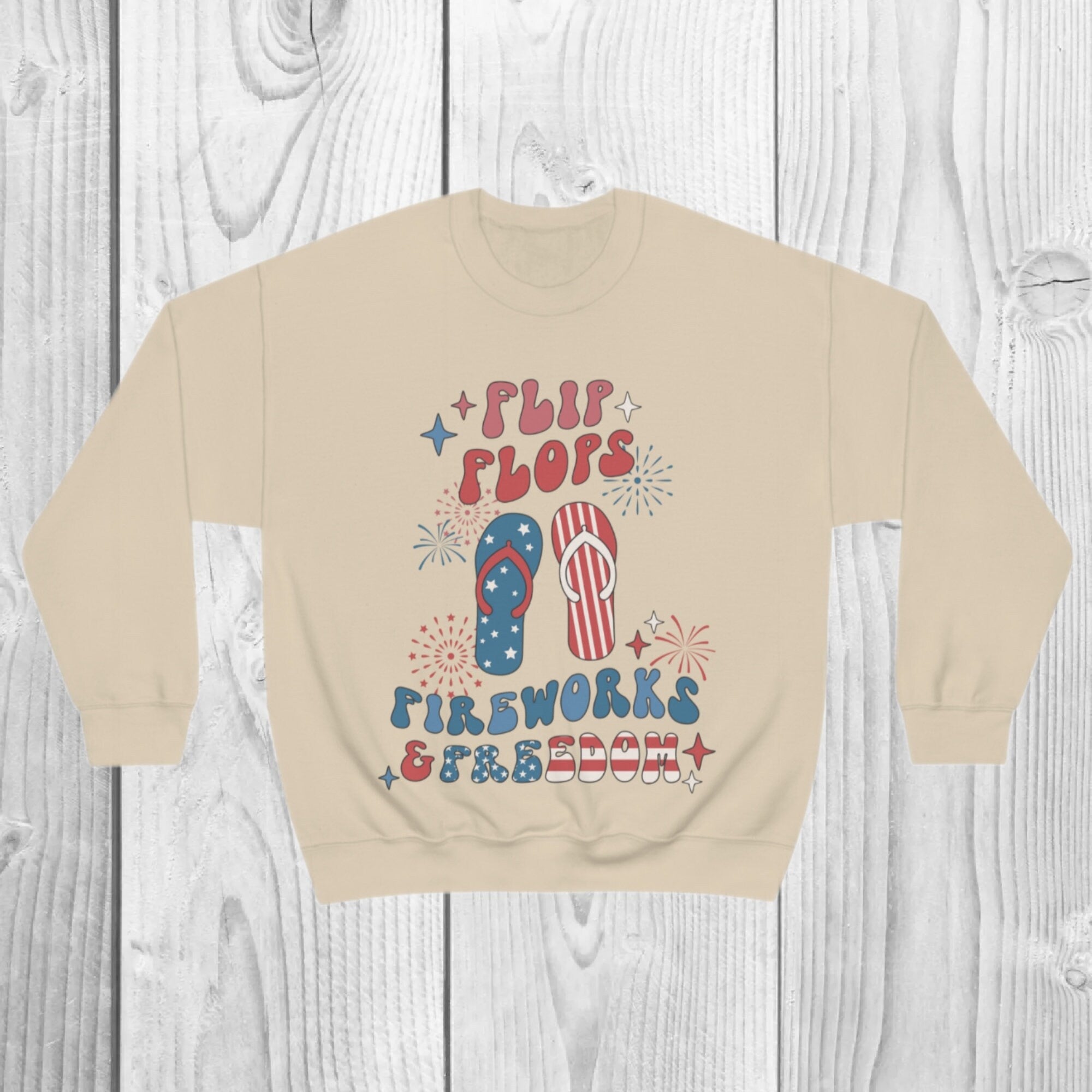 Flip Flops Fireworks Freedom Sweatshirt, 4th of July Pullover, Patriotic USA Crewneck, Retro Summer Graphic Sweatshirt, Unisex Fit, Gift