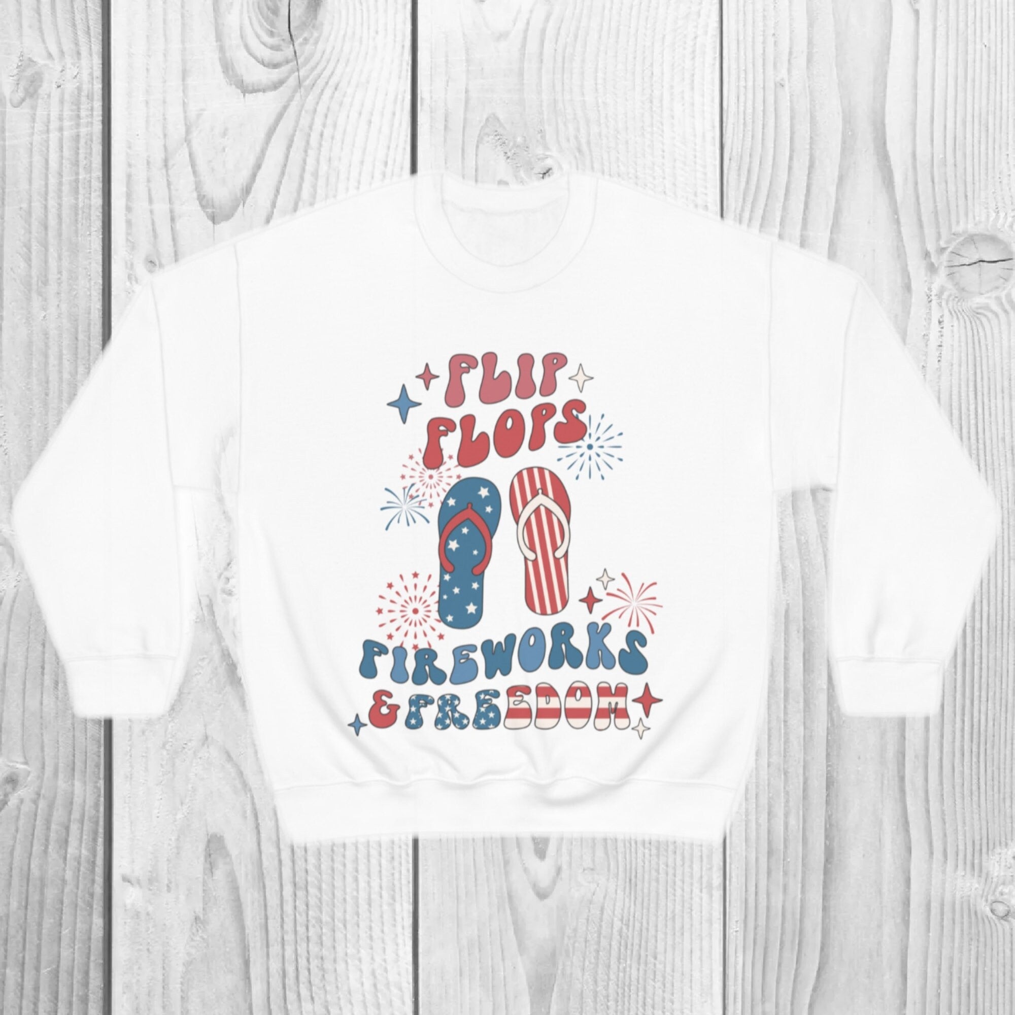 Flip Flops Fireworks Freedom Sweatshirt, 4th of July Pullover, Patriotic USA Crewneck, Retro Summer Graphic Sweatshirt, Unisex Fit, Gift