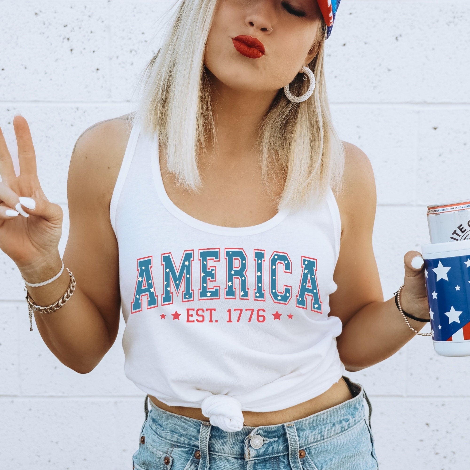 America Est. 1776 Women's Ideal Racerback Tank, Fourth Of July Shirt, Cute USA Tank Top, American Shirt, Patriotic Shirt, 4th Of July Tank