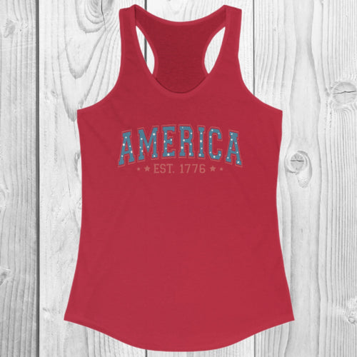 America Est. 1776 Women's Ideal Racerback Tank, Fourth Of July Shirt, Cute USA Tank Top, American Shirt, Patriotic Shirt, 4th Of July Tank