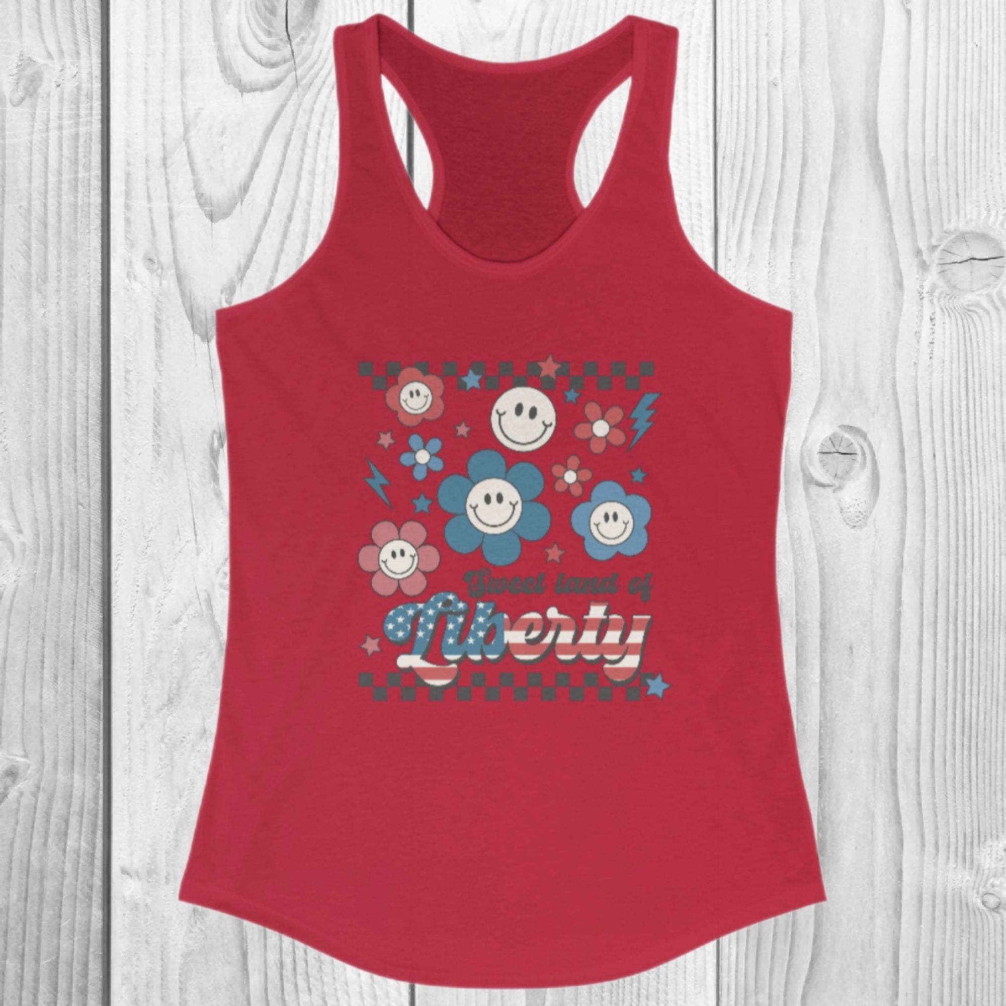 Retro "Sweet Land Of Liberty" Women's Ideal Racerback Tank, American Tank, Red White & Blue, 4th Of July, Patriotic, Memorial Day, Groovy