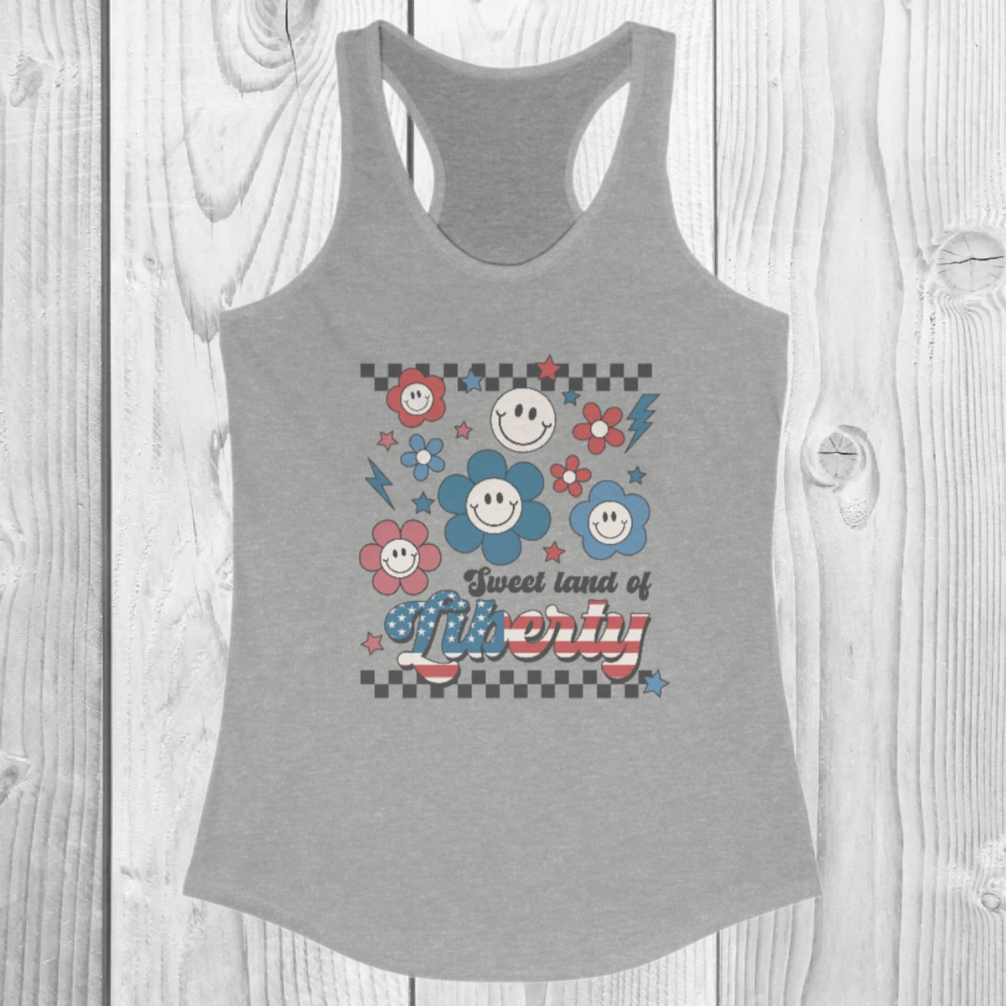 Retro "Sweet Land Of Liberty" Women's Ideal Racerback Tank, American Tank, Red White & Blue, 4th Of July, Patriotic, Memorial Day, Groovy
