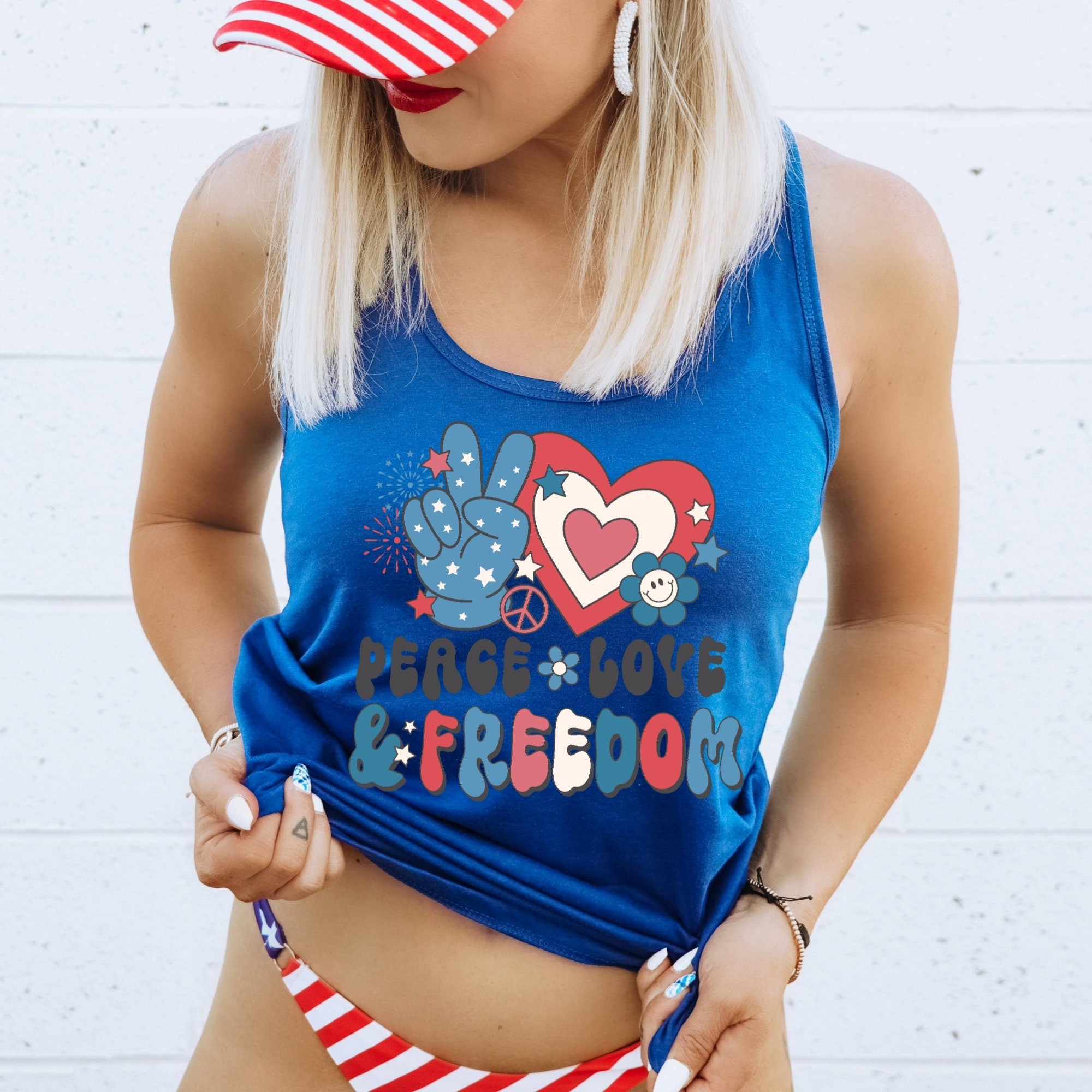 Women's "Peace Love & Freedom" Racerback Tank Top, Patriotic, Retro, Fourth Of July, 4th Of July Shirt, USA, Independence Day T-Shirt