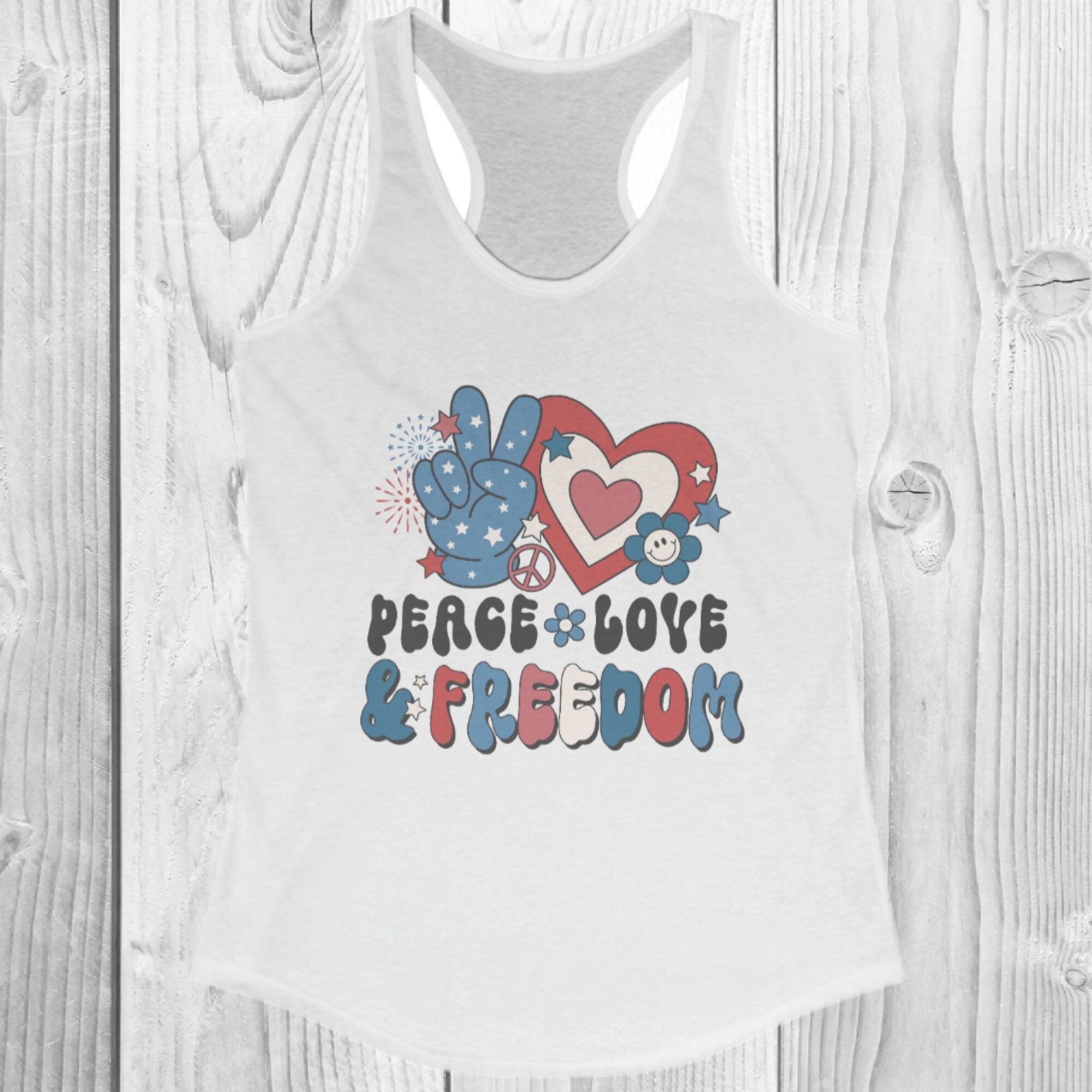 Women's "Peace Love & Freedom" Racerback Tank Top, Patriotic, Retro, Fourth Of July, 4th Of July Shirt, USA, Independence Day T-Shirt