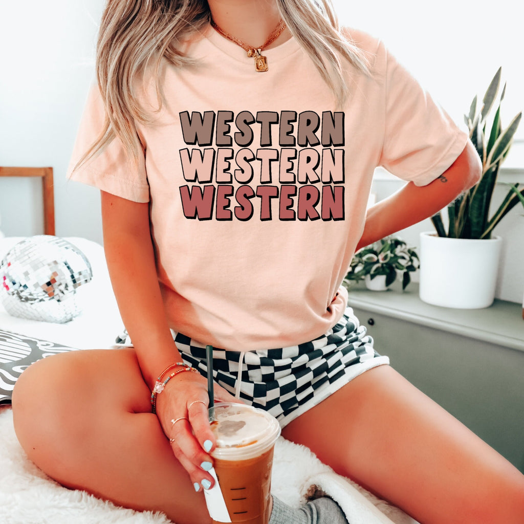 Western x 3 Unisex Fit Jersey Short Sleeve Tee, Country Retro Lettering, Cowgirl, Groovy Neutral Colors, Heather Peach T-Shirt, Retro