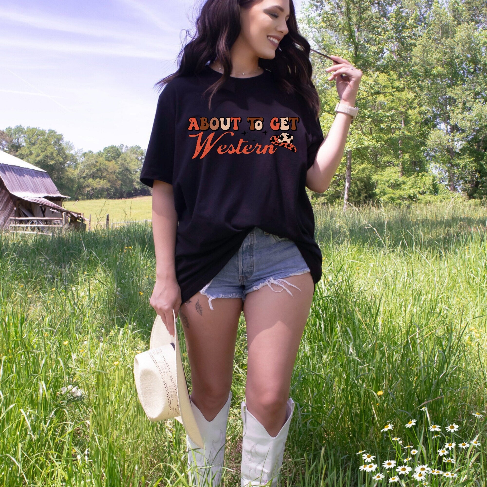 Women's Girl's "About To Get Western" Unisex Fit Jersey Short Sleeve Tee, Cowgirl Shirt, Retro Western T-Shirt, Ranchy, Rodeo Top Punchy