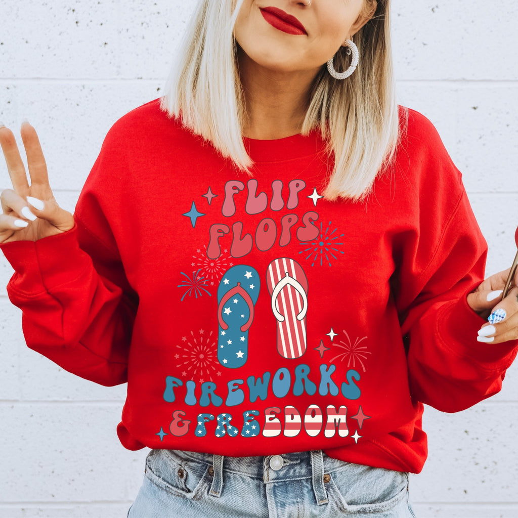 Flip Flops Fireworks Freedom Sweatshirt, 4th of July Pullover, Patriotic USA Crewneck, Retro Summer Graphic Sweatshirt, Unisex Fit, Gift