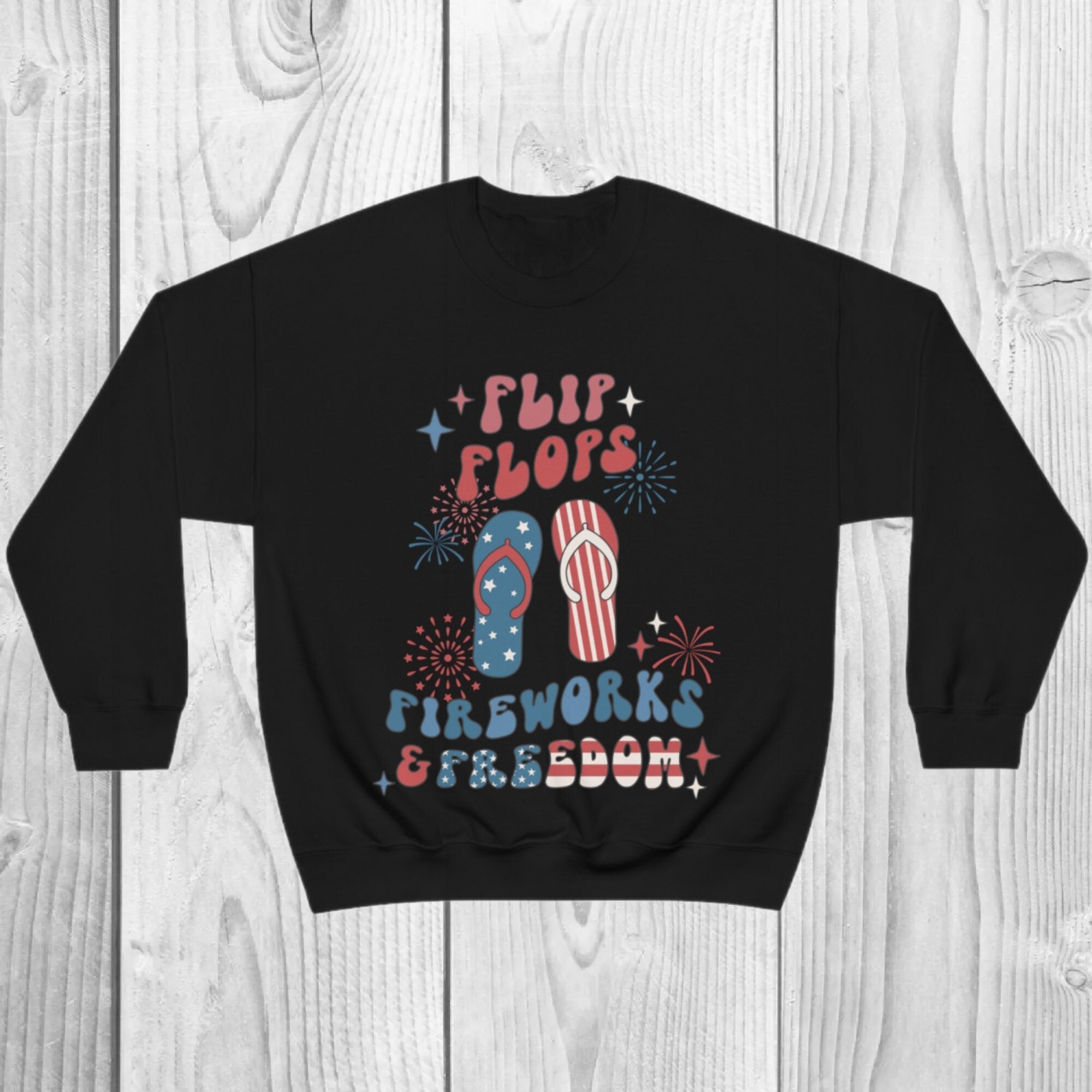 Flip Flops Fireworks Freedom Sweatshirt, 4th of July Pullover, Patriotic USA Crewneck, Retro Summer Graphic Sweatshirt, Unisex Fit, Gift