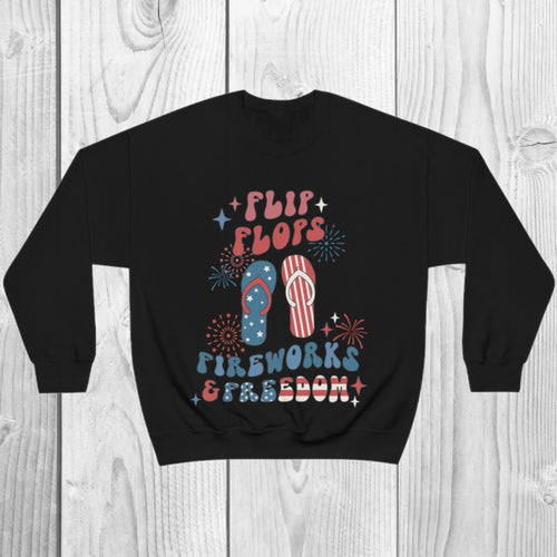 Flip Flops Fireworks Freedom Sweatshirt, 4th of July Pullover, Patriotic USA Crewneck, Retro Summer Graphic Sweatshirt, Unisex Fit, Gift