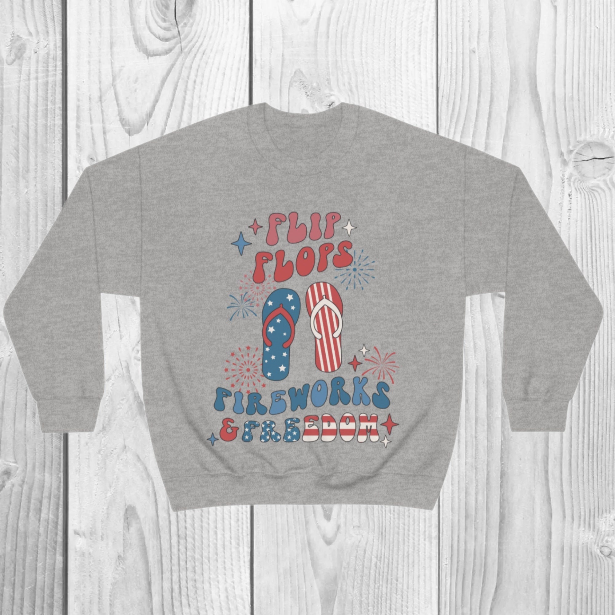 Flip Flops Fireworks Freedom Sweatshirt, 4th of July Pullover, Patriotic USA Crewneck, Retro Summer Graphic Sweatshirt, Unisex Fit, Gift