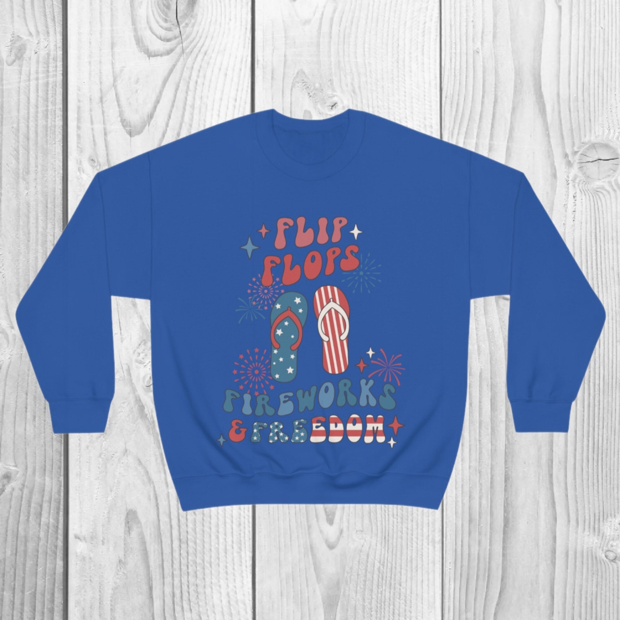 Flip Flops Fireworks Freedom Sweatshirt, 4th of July Pullover, Patriotic USA Crewneck, Retro Summer Graphic Sweatshirt, Unisex Fit, Gift