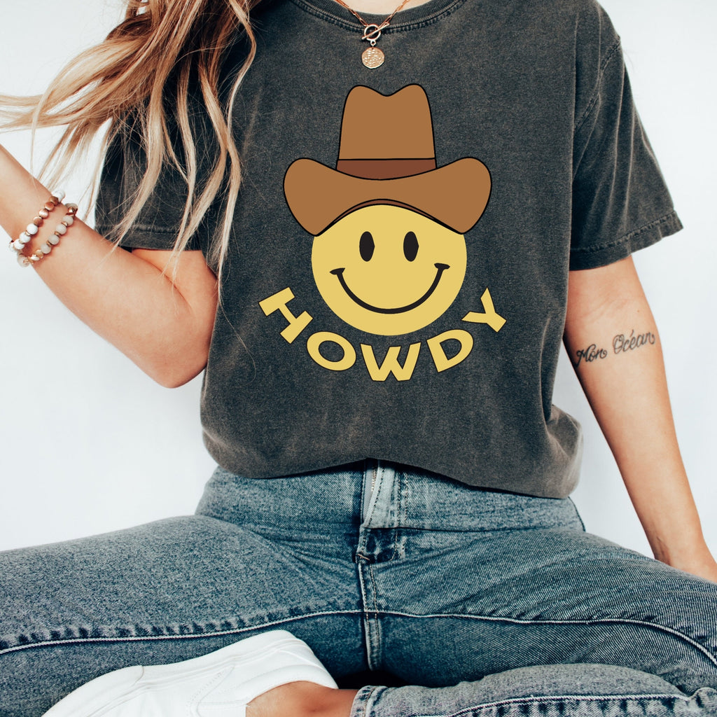 Women's Girl's "Howdy" Unisex Fit Garment-Dyed T-shirt, Smiley Face Cowboy Hat, Western Shirt, Cowgirl Top, Howdy Tee, Country Boutique