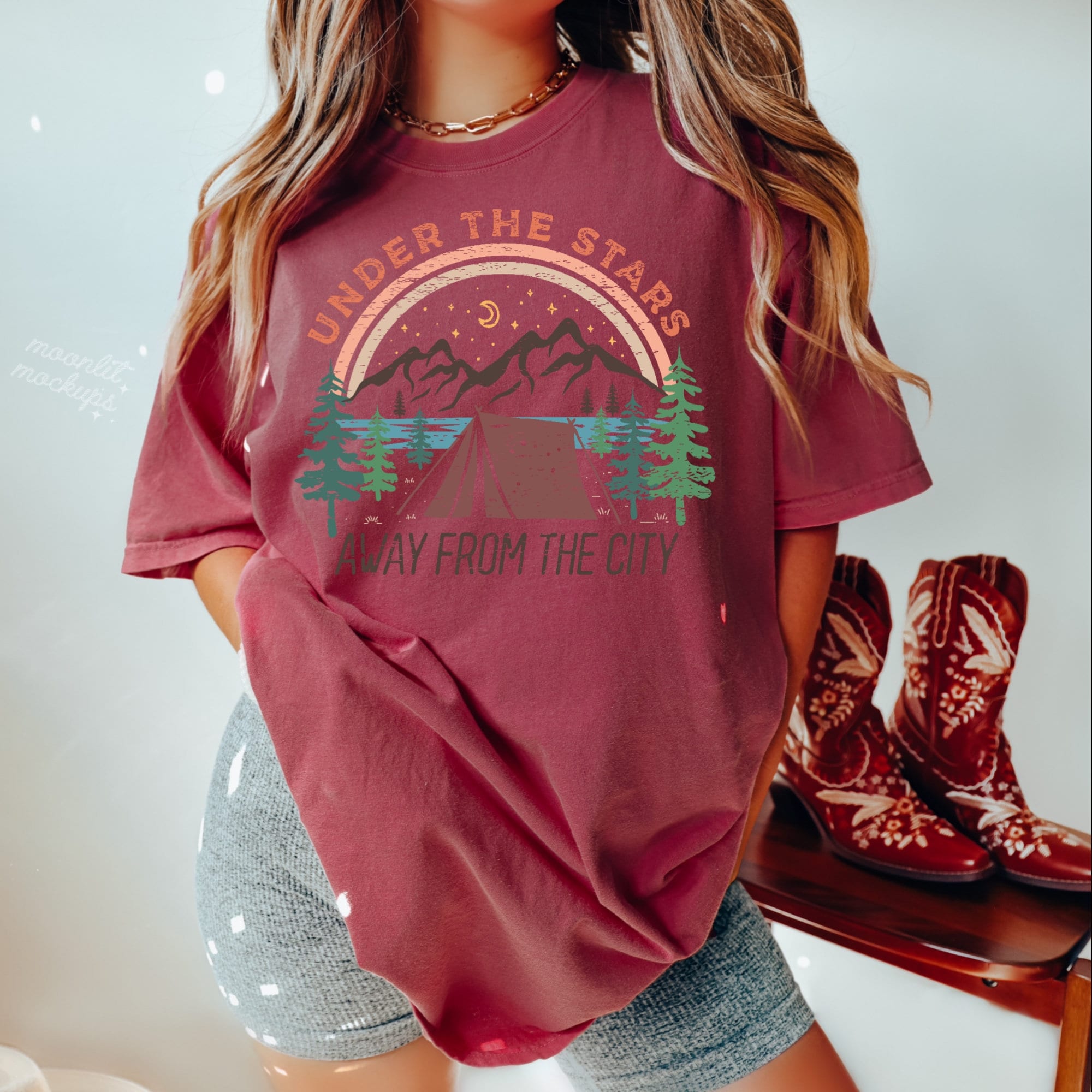 Women's "Under The Stars Away From The City" Unisex Fit Garment-Dyed T-shirt, Camping, Glamping, Camping Trip Shirt, Camping Top, Nature