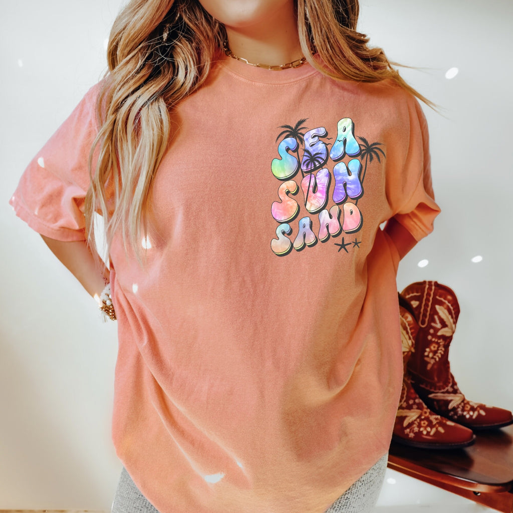 Women's "Sea Sand Sun" Unisex Fit Garment-Dyed Terracotta T-shirt, Corner Logo Shirt, Cute Summer Vacation, Tie Dye, Beach, Surf, Vacay Mode
