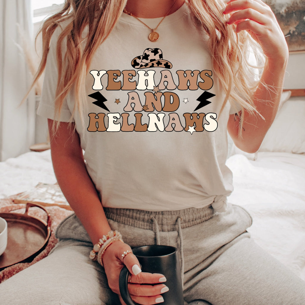 Women's Girls "Yeehaws And Hellnaws" Unisex Fit Jersey Short Sleeve Tee, Western T-shirt, Cowgirl Shirt, Retro, Neutral Colors, Yeehaw