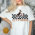 Women's Girl's "Let's Rodeo" Unisex Fit Garment-Dyed T-shirt, Cowgirl Shirt, Retro Groovy, Checkered, Saddle Bronc Riding, Western Shirt
